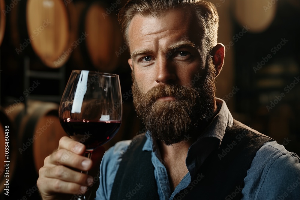 Sommelier holding glass of red wine in vineyard cellar, confident man with beard tasting wine concept Sommelier holding glass of red wine in vineyard cellar, confident man with beard tasting wine concept