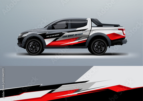 sporty car truck double cabin branding mockup with racing wrap decal or livery design.	