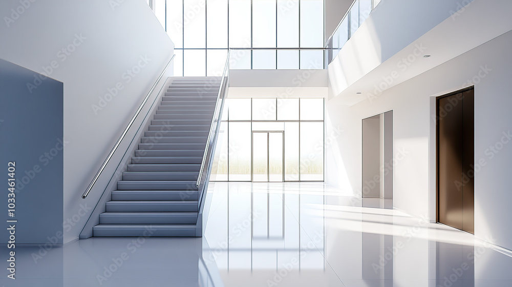 A clean, white, modern interior of an office building with a staircase, door, and window A clean, white, modern interior of an office building with a staircase, door, and window
