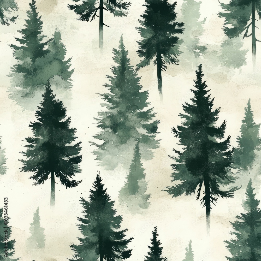 Fototapeta premium Serene Minimalist Watercolor Evergreen Forest Pattern in Muted Green Tones Soft beige background with abstract shapes of pine spruce and fir trees in a seamless calming and atmospheric design