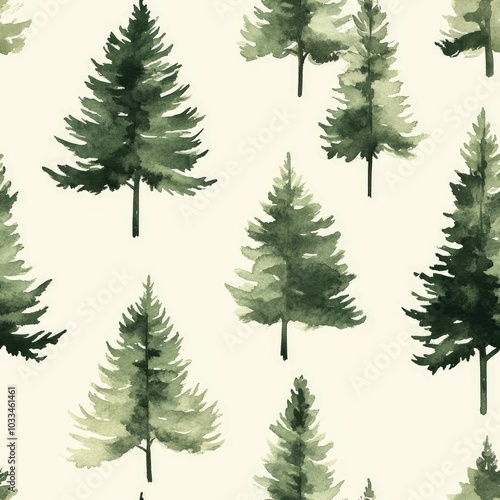 Serene and minimalist watercolor featuring a seamless pattern of stylized evergreen trees in muted green tones against a soft beige background creating a peaceful and natural woodland aesthetic