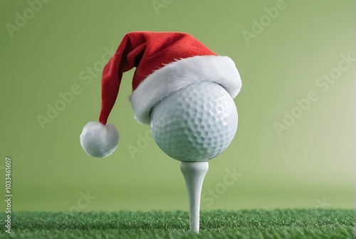 Golf Ball Wearing Santa Hat on Green Grass photo