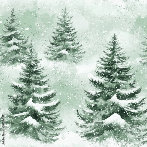 Minimalist of watercolor fir trees with a snowy backdrop showcasing a serene nature composition in soft muted green and white tones The airy seamless repeat pattern creates a peaceful