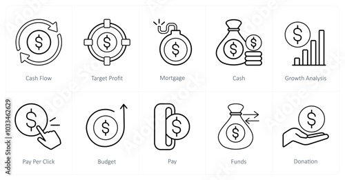 A set of 10 finance icons as cash flow, target profit, mortgage