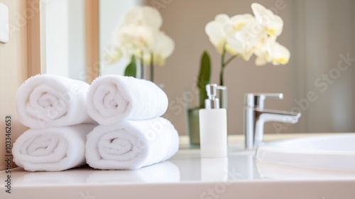 Neatly arranged white towels beside a modern sink with flowers in a bright bathroom setting