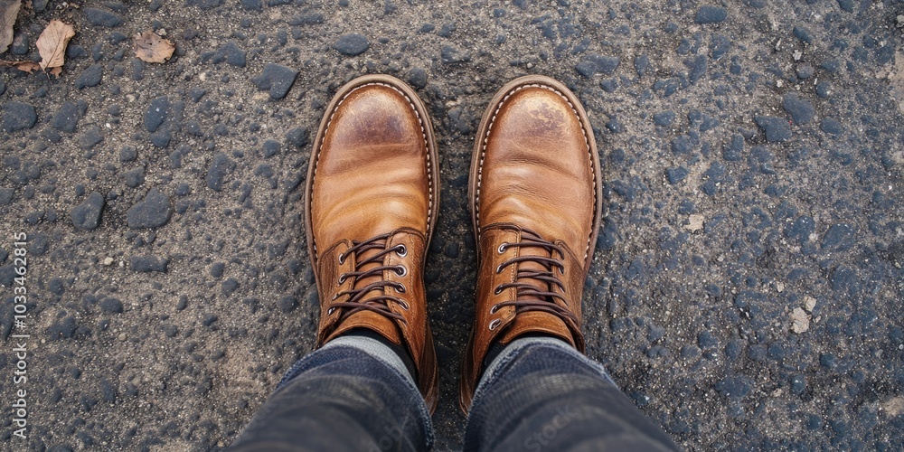 Prepared to step forward. Selfie of my feet in leather boots on a rough surface. Picture includes copy space. Prepared to step forward. Selfie of my feet in leather boots on a rough surface. Picture includes copy space.