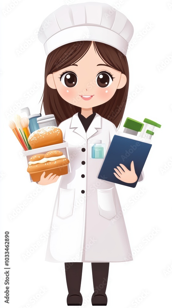 Cheerful female chef holding groceries and a cookbook, representing culinary expertise and healthy cooking. Cheerful female chef holding groceries and a cookbook, representing culinary expertise and healthy cooking.