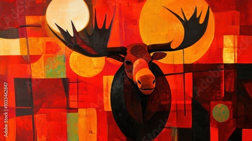 Abstract painting of a moose with red and orange geometric shapes. photo