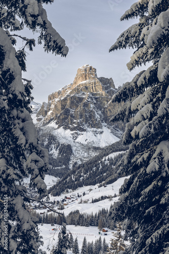 The impressive Sassongher mountain rises above the village of Colfosco in the Dolomites, framed by snow covered trees. The picturesque Alpine scenery is enhanced by soft evening light photo