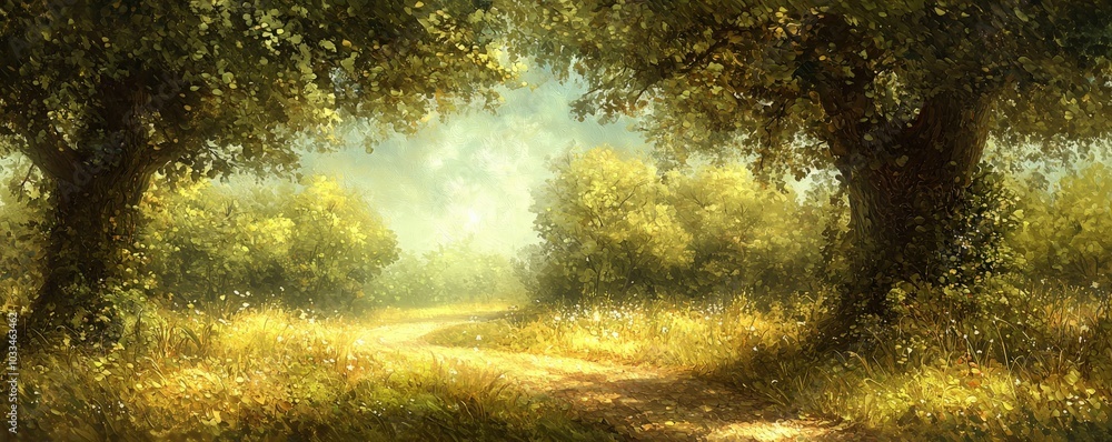 Obraz premium Misty Winding Path Through Lush Greenery