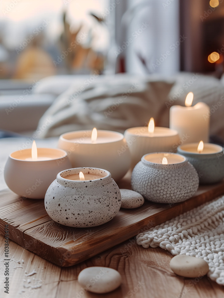 Velas encendidas en ambiente acogedor con decoración invernal Velas encendidas en ambiente acogedor con decoración invernal