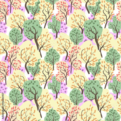 Forest with trees - a stylish hand-drawn illustration for wallpaper, wrapping paper. Light green seamless vector pattern.