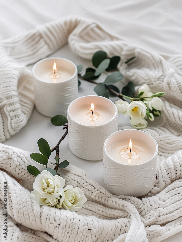 Velas encendidas con flores blancas y manta de punto acogedora Velas encendidas con flores blancas y manta de punto acogedora