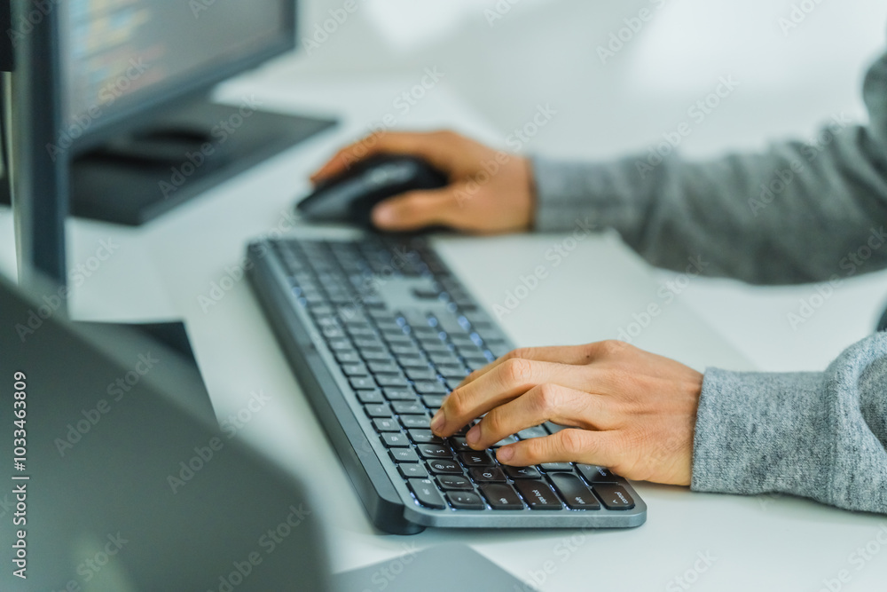 close up developer hand coding with keyboard on desk at modern office close up developer hand coding with keyboard on desk at modern office