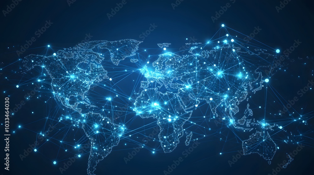 A Connected World Map with Illuminated Nodes and Lines A Connected World Map with Illuminated Nodes and Lines