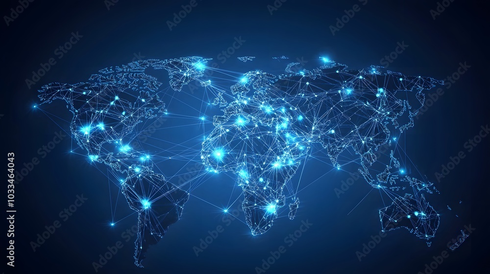 A digital representation of the world map with interconnected lines and glowing points. A digital representation of the world map with interconnected lines and glowing points.