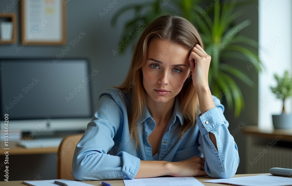A close up view of tired lazy woman at office desk A close up view of tired lazy woman at office desk