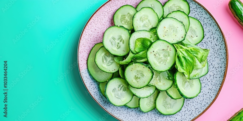Plate with delicious cucumber salad on a colorful background. Plate with delicious cucumber salad on a colorful background.
