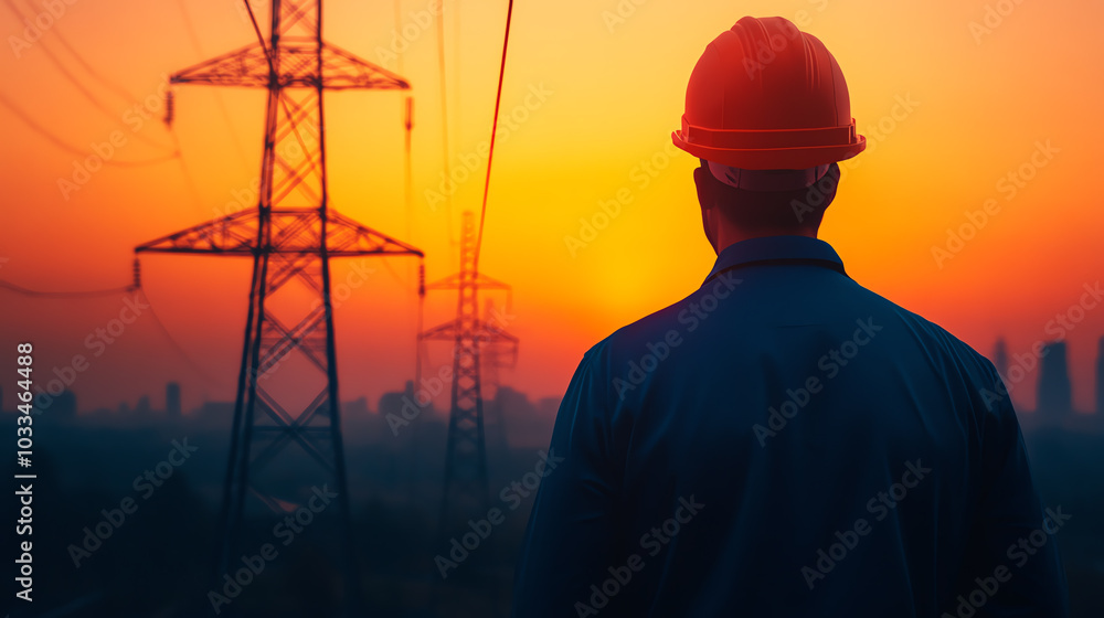 A construction worker observes the sunset against power lines, symbolizing industry and energy. The silhouette captures a moment of reflection. A construction worker observes the sunset against power lines, symbolizing industry and energy. The silhouette captures a moment of reflection.