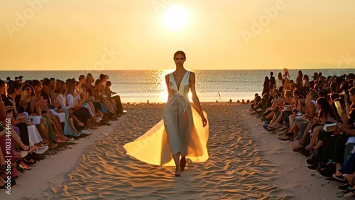 Fashion model showcases elegant beachwear at sunset during a stunning outdoor runway event in a coastal location