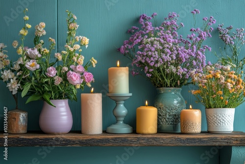 Wallpaper Mural A harmonious display of colorful flowers, pastel candle holders, and quirky modern decor on a wooden shelf, set against a teal wall. Copy space, Generative AI Torontodigital.ca