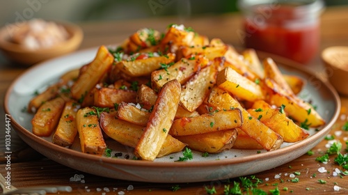 Golden fries piled on a plate with herbs and seasoning. Concept of delicious and savory snack. For food photography and culinary content...