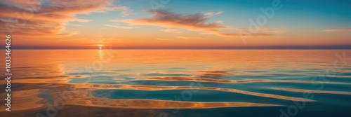 Abstract scenic calm ocean, sunrise sky reflecting in the water