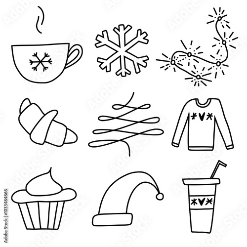 Winter icons set featuring snowflake cup, cozy sweater, santa hat, and festive treats in simple outline design