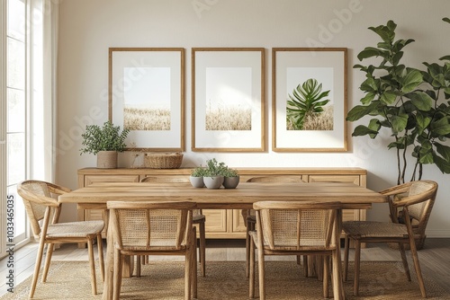 Elegant composition of stylish dining room intrerior with mock up poster frames, beige sideboard, family dining table, plants and vintage personal accessories. Copy space. Template. Autumn photo