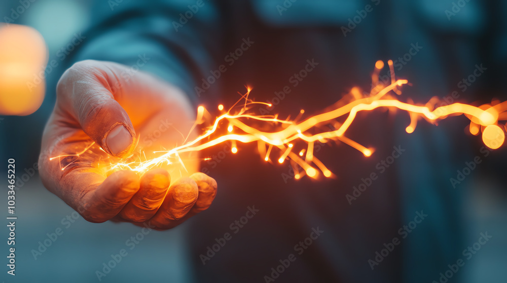 A hand holding a glowing electric cable, showcasing the beauty of technology and innovation captured in a vibrant and captivating manner.