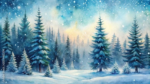 Close-Up winter forest watercolor painting with falling snow