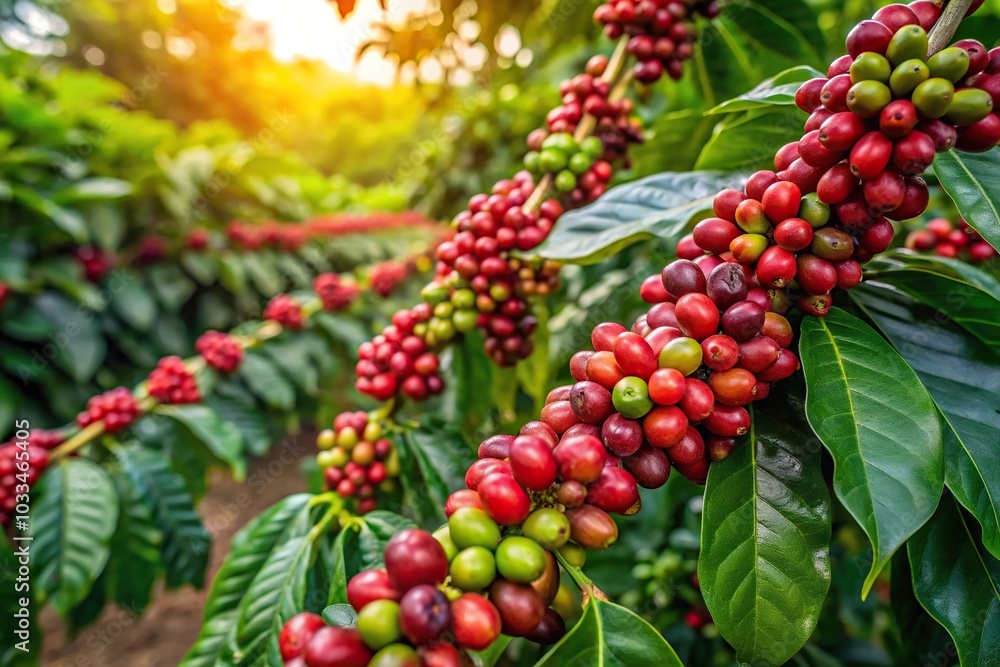 Coffee tree with coffee bean on cafe plantation at tilted angle Coffee tree with coffee bean on cafe plantation at tilted angle