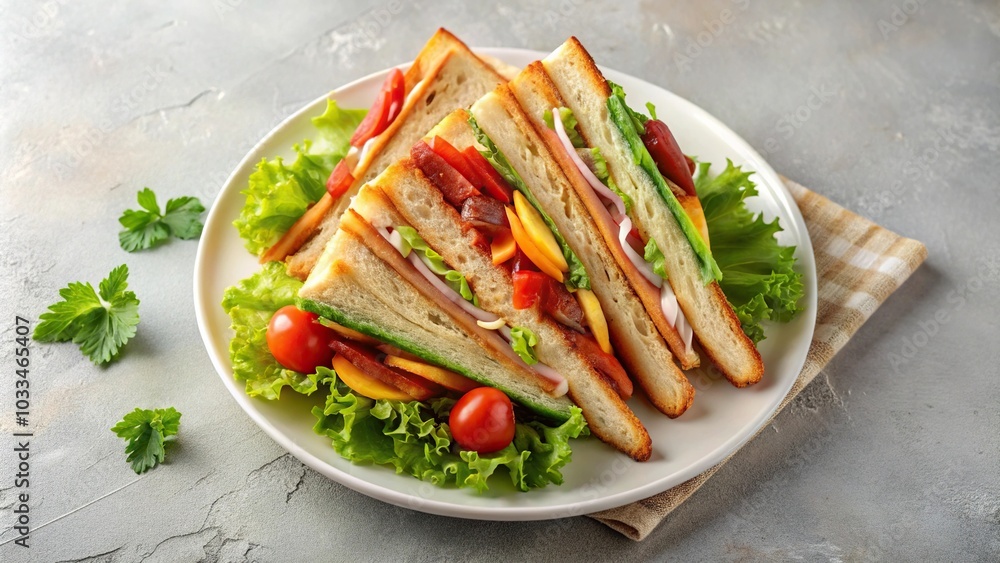 club sandwich on a plate of bacon cheese tomato and lettuce on a light background aerial view club sandwich on a plate of bacon cheese tomato and lettuce on a light background aerial view