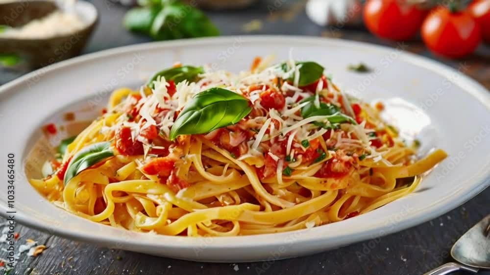 A delicious plate of spaghetti with seafood, pasta in a rich sauce, and pasta with chicken and vegetables, showcasing a gourmet Italian meal perfect for dinner or lunch A delicious plate of spaghetti with seafood, pasta in a rich sauce, and pasta with chicken and vegetables, showcasing a gourmet Italian meal perfect for dinner or lunch