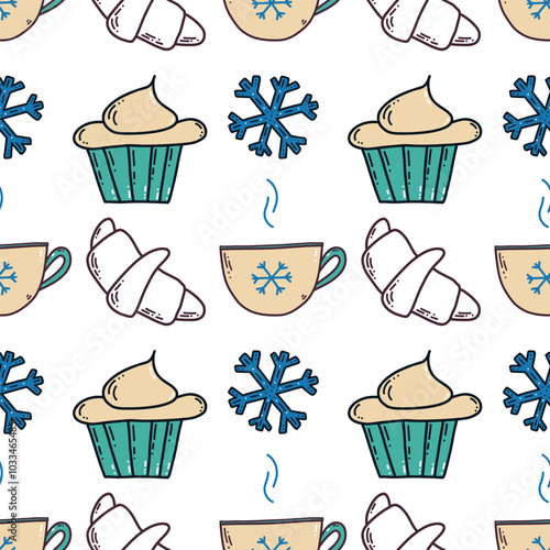 Winter pattern with cupcakes, snowflakes, coffee mugs, croissants in pastel colors