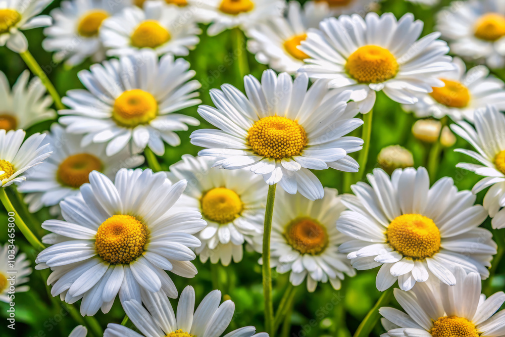 Vibrant white petals with yellow centers create stunning display of daisies blooming in abundance, evoking sense of joy and tranquility in nature Vibrant white petals with yellow centers create stunning display of daisies blooming in abundance, evoking sense of joy and tranquility in nature