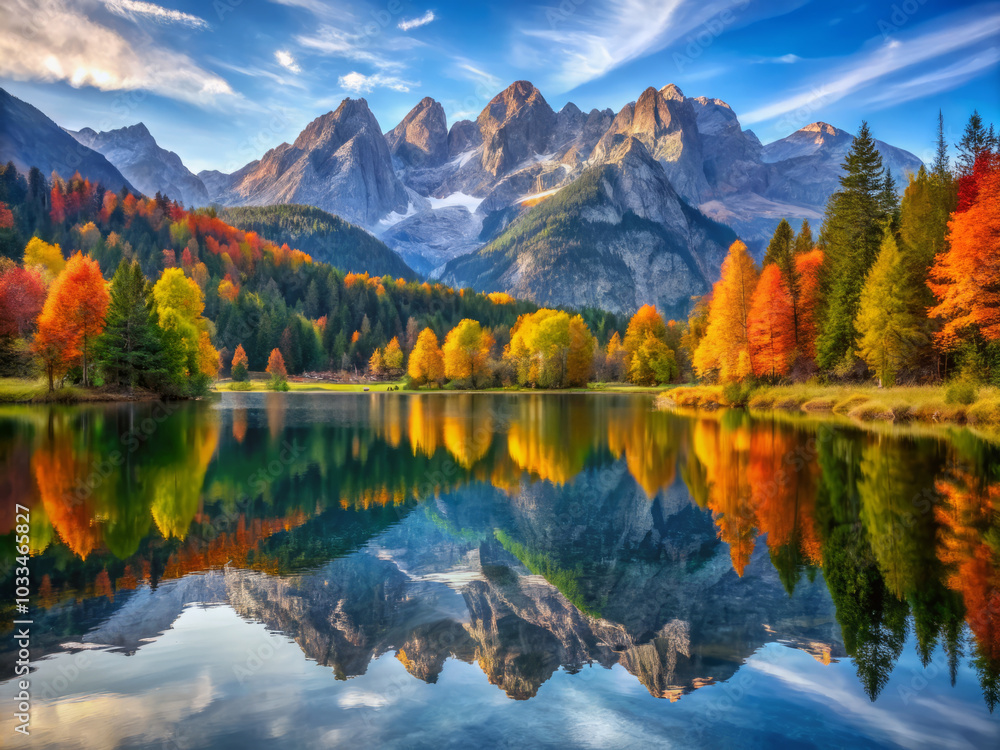 Fototapeta premium serene mountain lake reflects stunning autumn colors of surrounding trees and majestic peaks. vibrant foliage creates picturesque scene, evoking tranquility and natural beauty