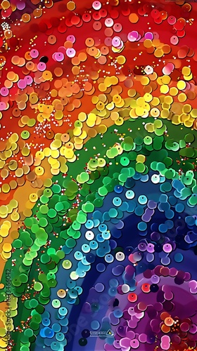 A flat sequin illustration featuring a rainbow arc, with each color made from sparkling sequins carefully arranged in a gradient on a plain background. 8k UHD, suitable for high-quality printing 