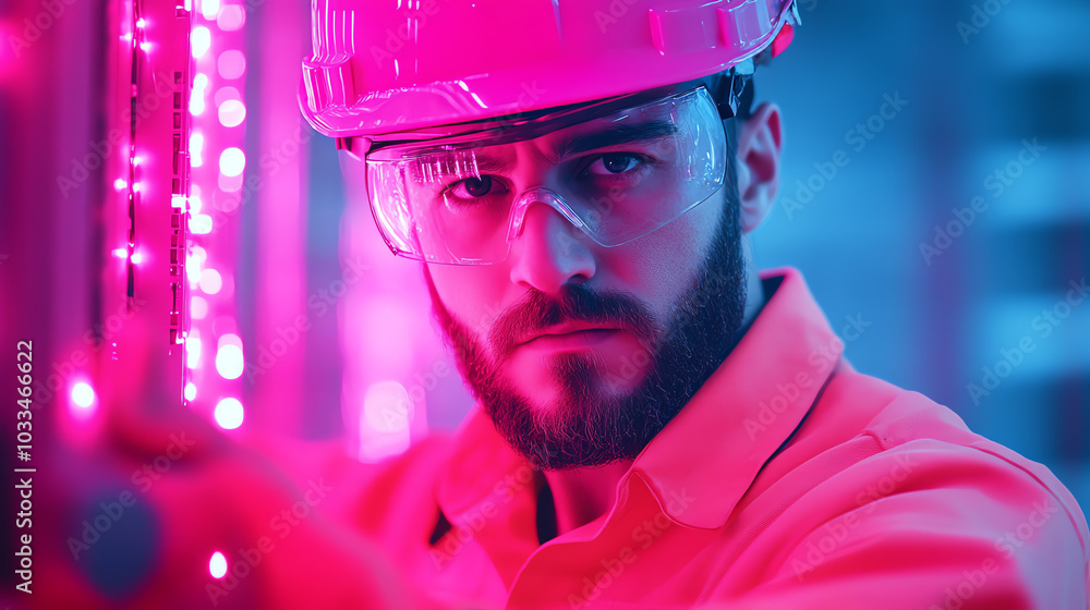 Portrait of a focused worker in a safety helmet and goggles, illuminated by vibrant pink and blue lights, showcasing modern industrial settings. Portrait of a focused worker in a safety helmet and goggles, illuminated by vibrant pink and blue lights, showcasing modern industrial settings.
