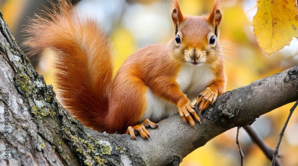 Curious red squirrel sitting on a tree branch surrounded by snow-covered winter landscape, capturing the playful spirit of wildlife in a serene natural setting Curious red squirrel sitting on a tree branch surrounded by snow-covered winter landscape, capturing the playful spirit of wildlife in a serene natural setting