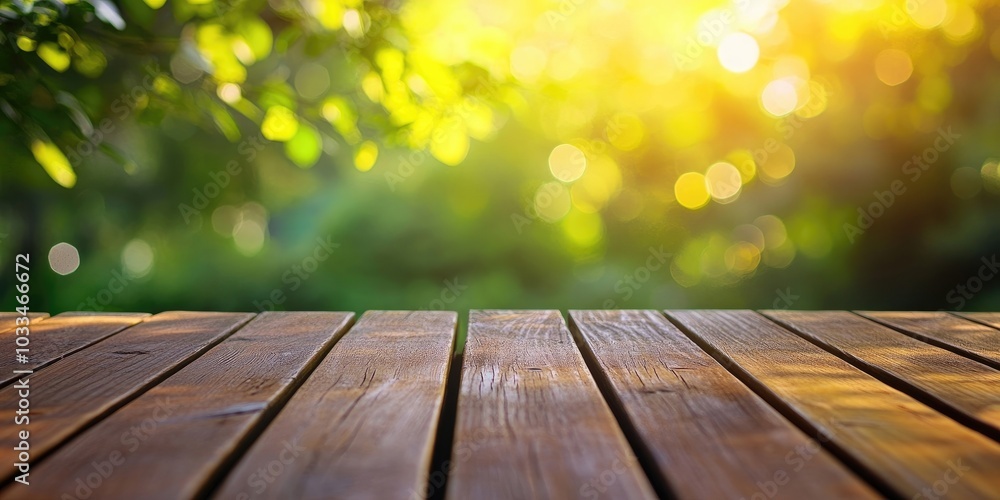 Empty wooden deck table with a bokeh background of foliage. Prepared for product display montage. Empty wooden deck table with a bokeh background of foliage. Prepared for product display montage.
