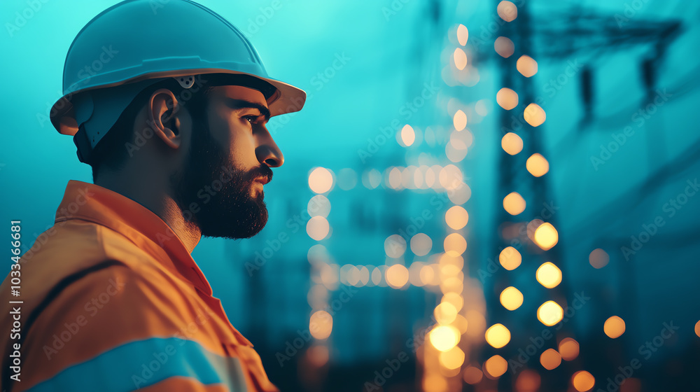 Profile of a male worker in safety gear and helmet, standing in front of illuminated industrial background, emphasizing professionalism and vigilance. Profile of a male worker in safety gear and helmet, standing in front of illuminated industrial background, emphasizing professionalism and vigilance.