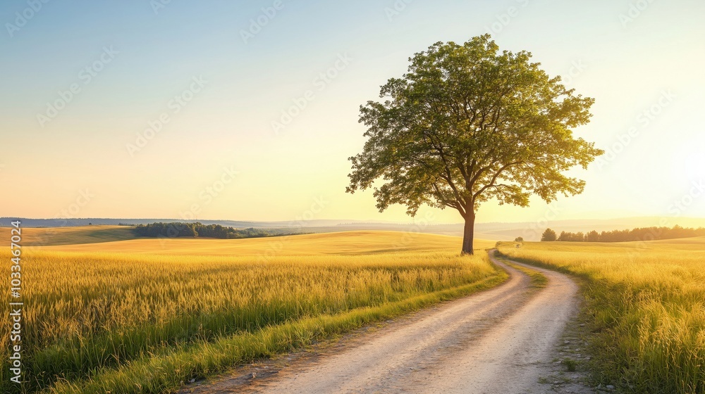 Scenic landscape with tree and dirt road, golden fields, sunset glow Scenic landscape with tree and dirt road, golden fields, sunset glow
