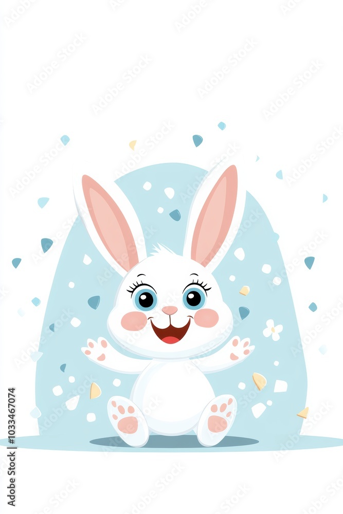 Cute and cheerful cartoon rabbit with big eyes, surrounded by colorful confetti. Perfect for children's themes and designs. Cute and cheerful cartoon rabbit with big eyes, surrounded by colorful confetti. Perfect for children's themes and designs.