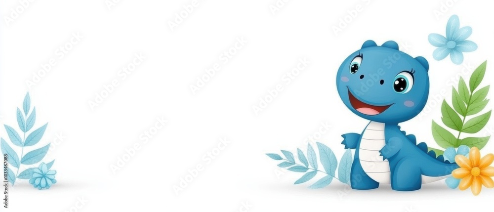 Cute blue dinosaur cartoon character surrounded by leaves and flowers, perfect for children's designs and playful themes. Cute blue dinosaur cartoon character surrounded by leaves and flowers, perfect for children's designs and playful themes.