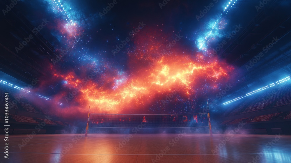 Dynamic volleyball serves with comet effects in atmospheric stadium setting Dynamic volleyball serves with comet effects in atmospheric stadium setting
