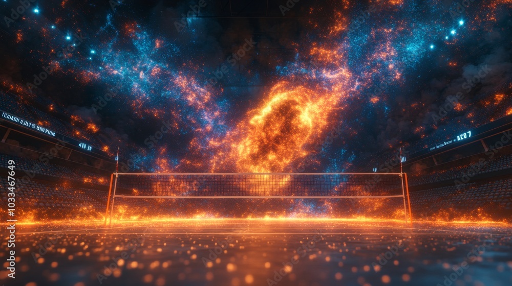 Fototapeta premium Dynamic volleyball serves with comet effects in atmospheric stadium setting