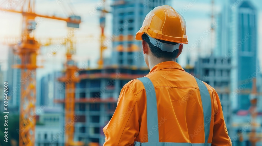 Construction worker in orange uniform observing building site with cranes and skyscrapers in the background. Construction worker in orange uniform observing building site with cranes and skyscrapers in the background.