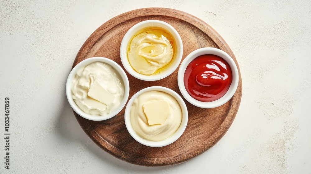Four small white bowls filled with different condiments, mayonnaise, ketchup, mustard, and butter, on a wooden round board, on a white background. Four small white bowls filled with different condiments, mayonnaise, ketchup, mustard, and butter, on a wooden round board, on a white background.