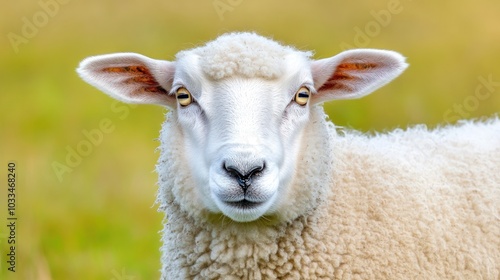 A close-up portrait of a white sheep with its head turned towards the camera. The sheep has a fluffy white coat and large brown eyes. The background is a blurry green field.